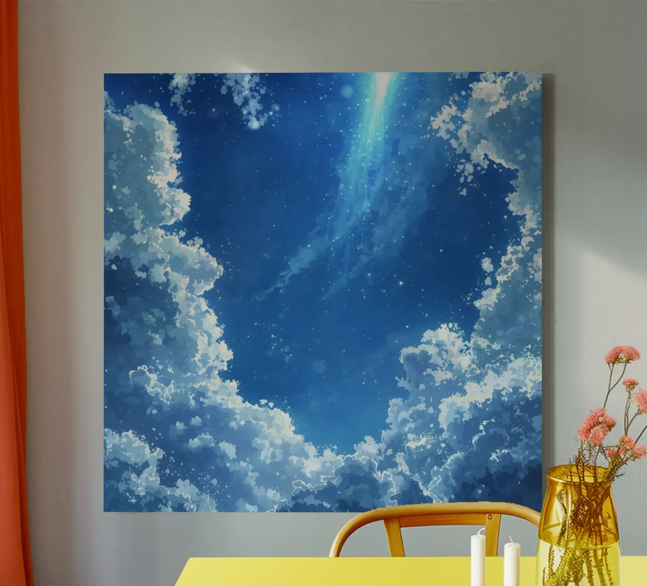 Digital Illustration of Blue Sky with Clouds and Light Strea canvas with Floater frame by DesignDoodle