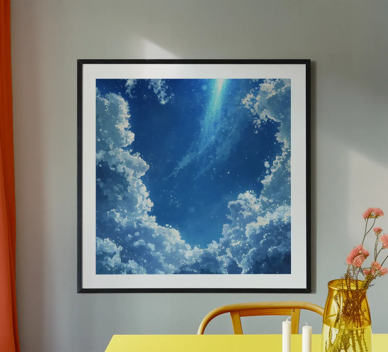 Illustrazione digitale di cielo blu con nuvole e luce Strea poster da DesignDoodle