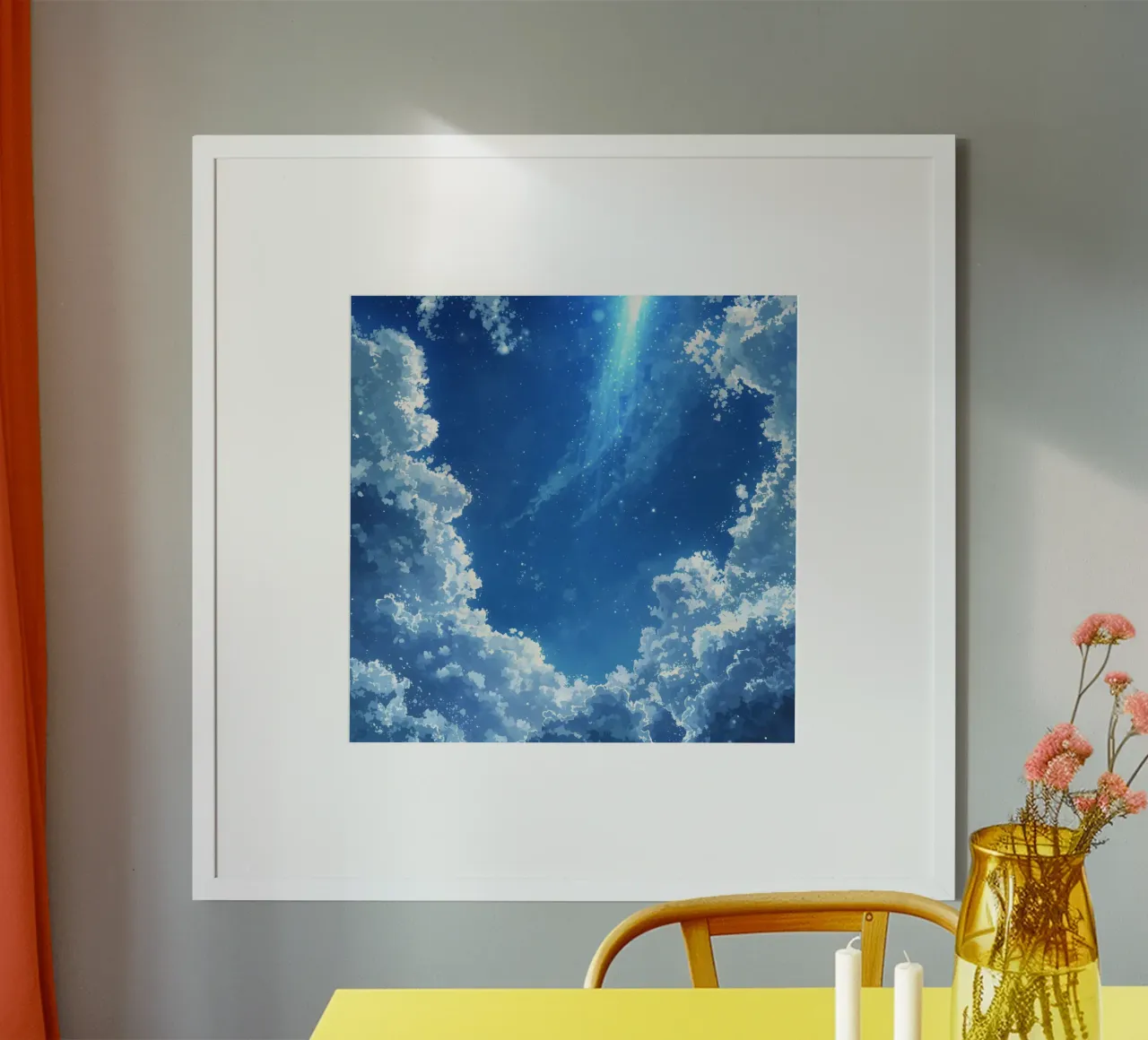 Illustrazione digitale di cielo blu con nuvole e luce Strea poster da DesignDoodle