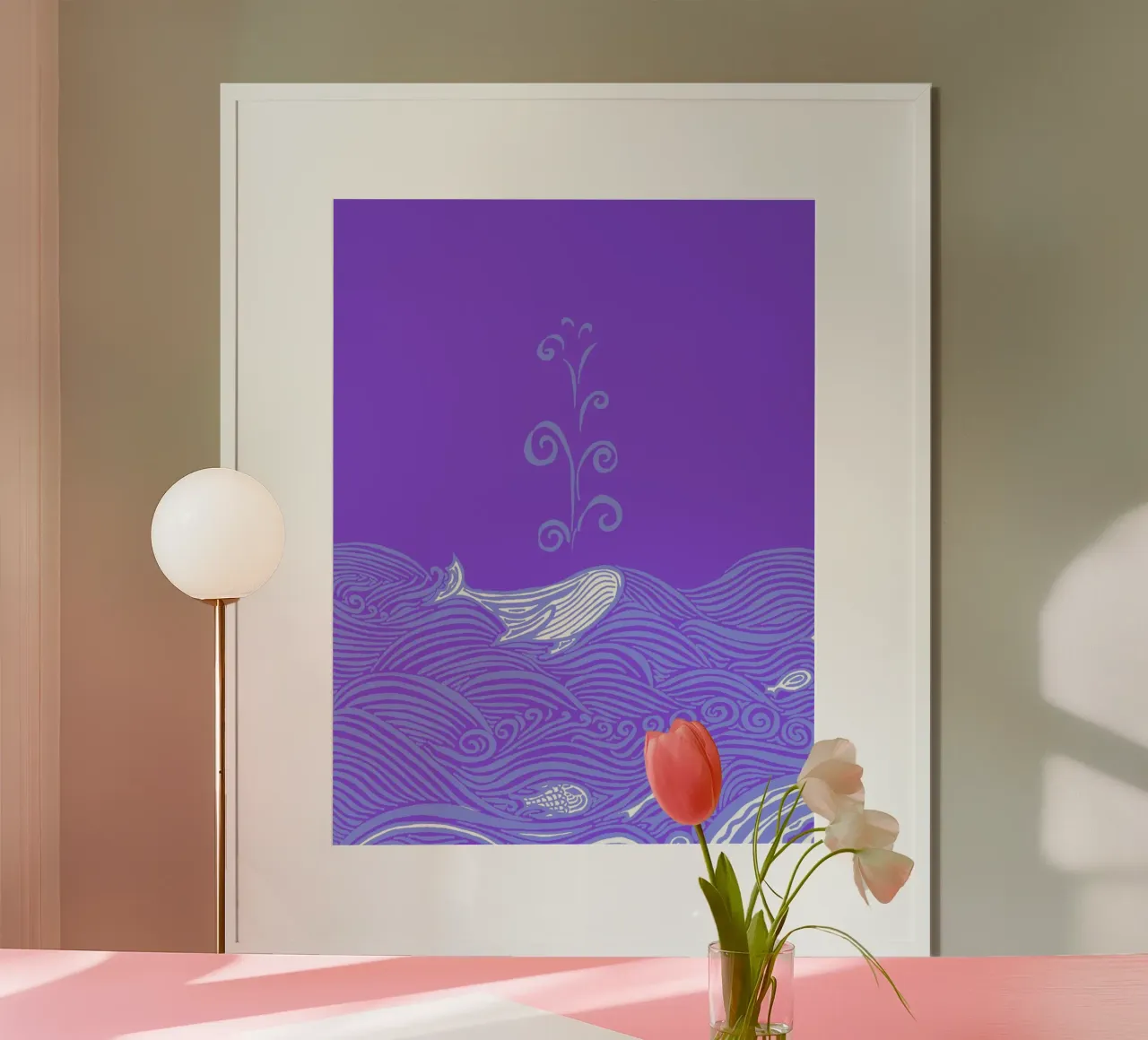 Balena nel mare - LIla poster con telaio in plastica da PaperLine Art