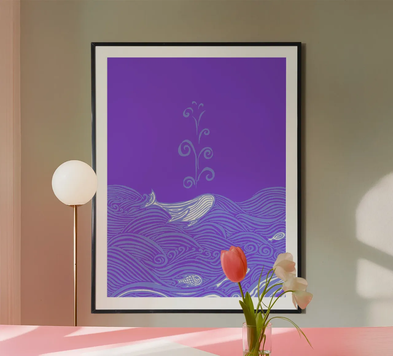Balena nel mare - LIla poster con telaio in plastica da PaperLine Art