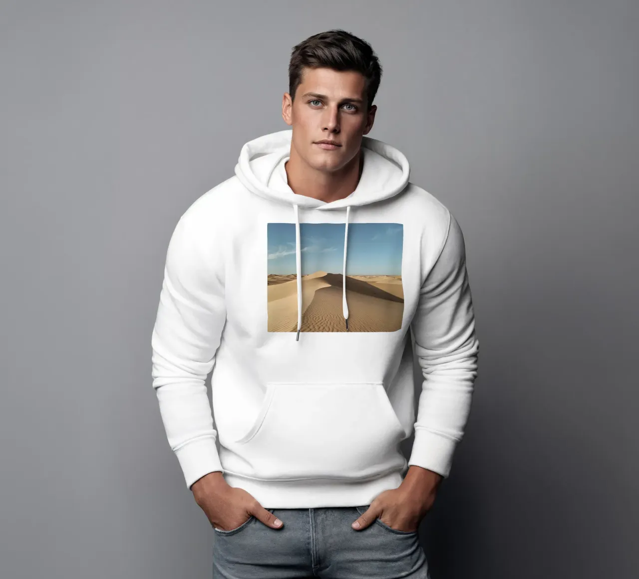 Paesaggio desertico con dune di sabbia e cielo blu felpa con cappuccio da DesignDoodle