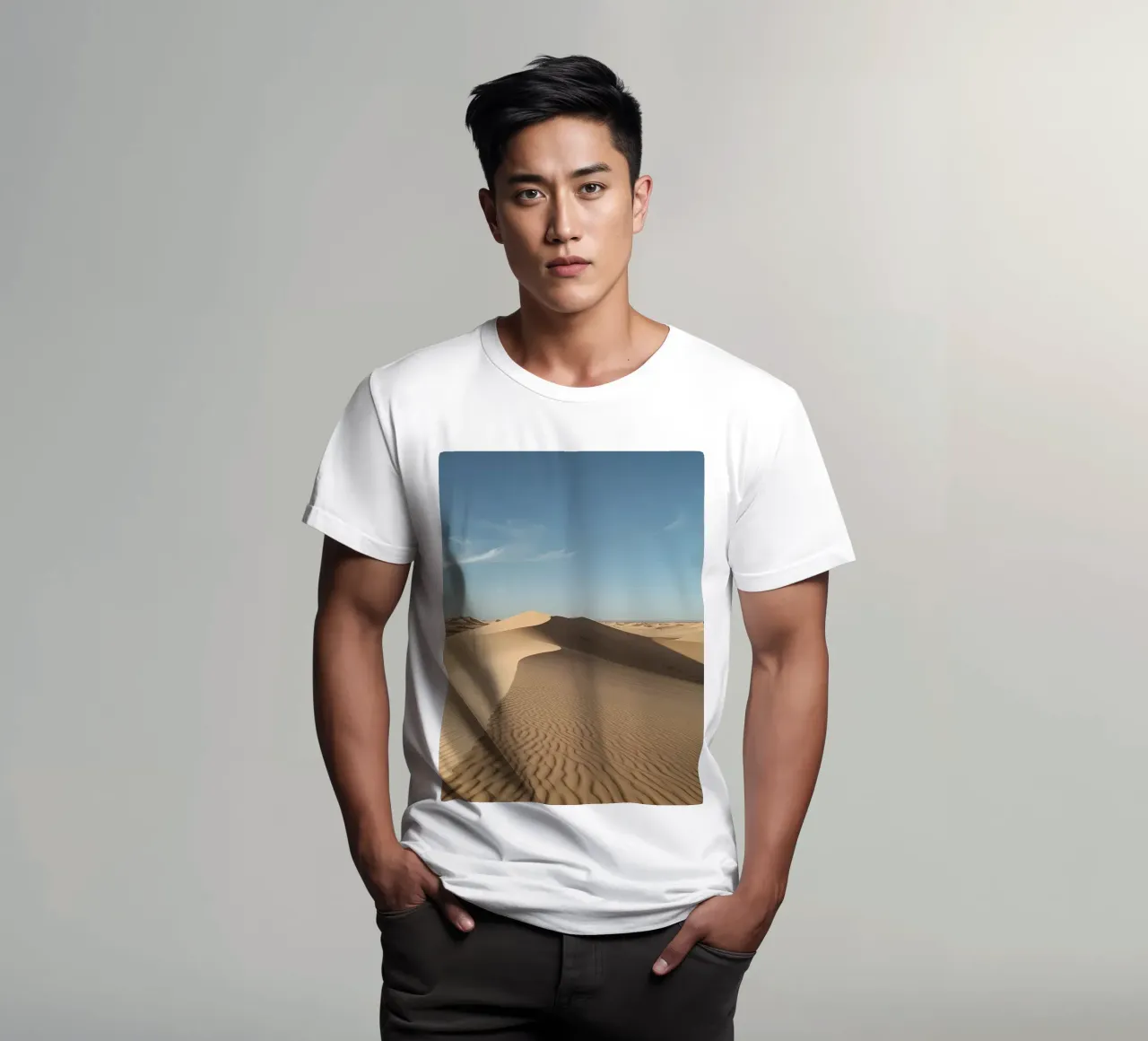 Paesaggio desertico con dune di sabbia e cielo blu t-shirt da DesignDoodle