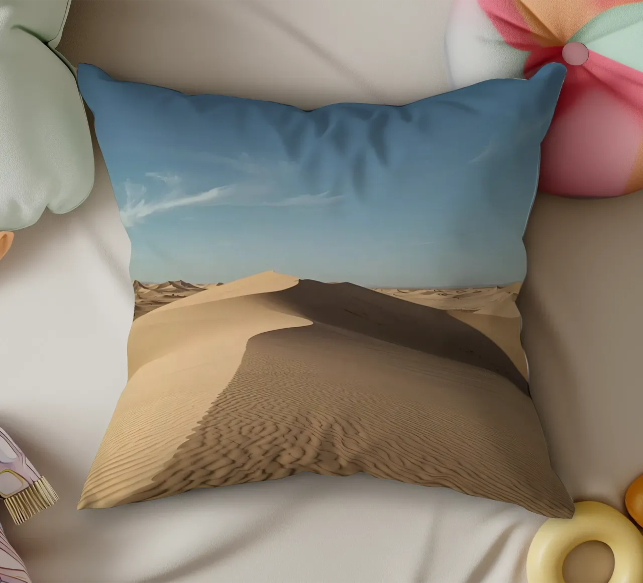 Paesaggio desertico con dune di sabbia e cielo blu cuscino da DesignDoodle