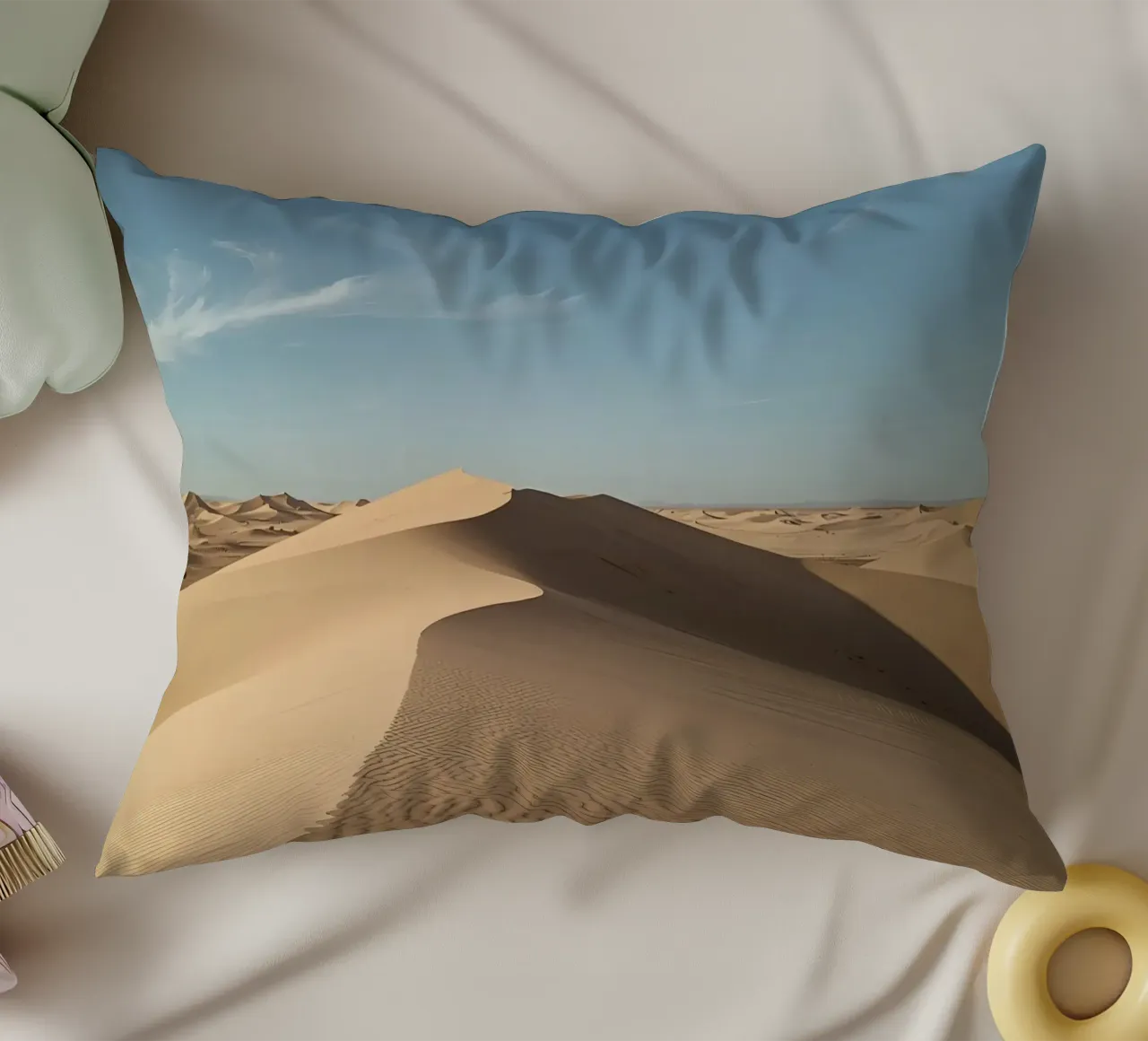 Paesaggio desertico con dune di sabbia e cielo blu cuscino da DesignDoodle