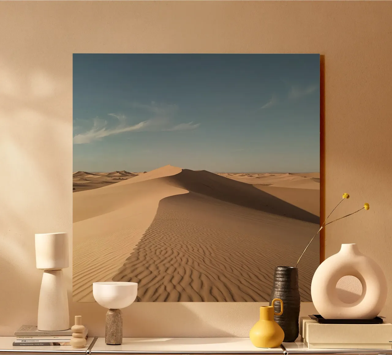 Paesaggio desertico con dune di sabbia e cielo blu alluminio dibond da DesignDoodle
