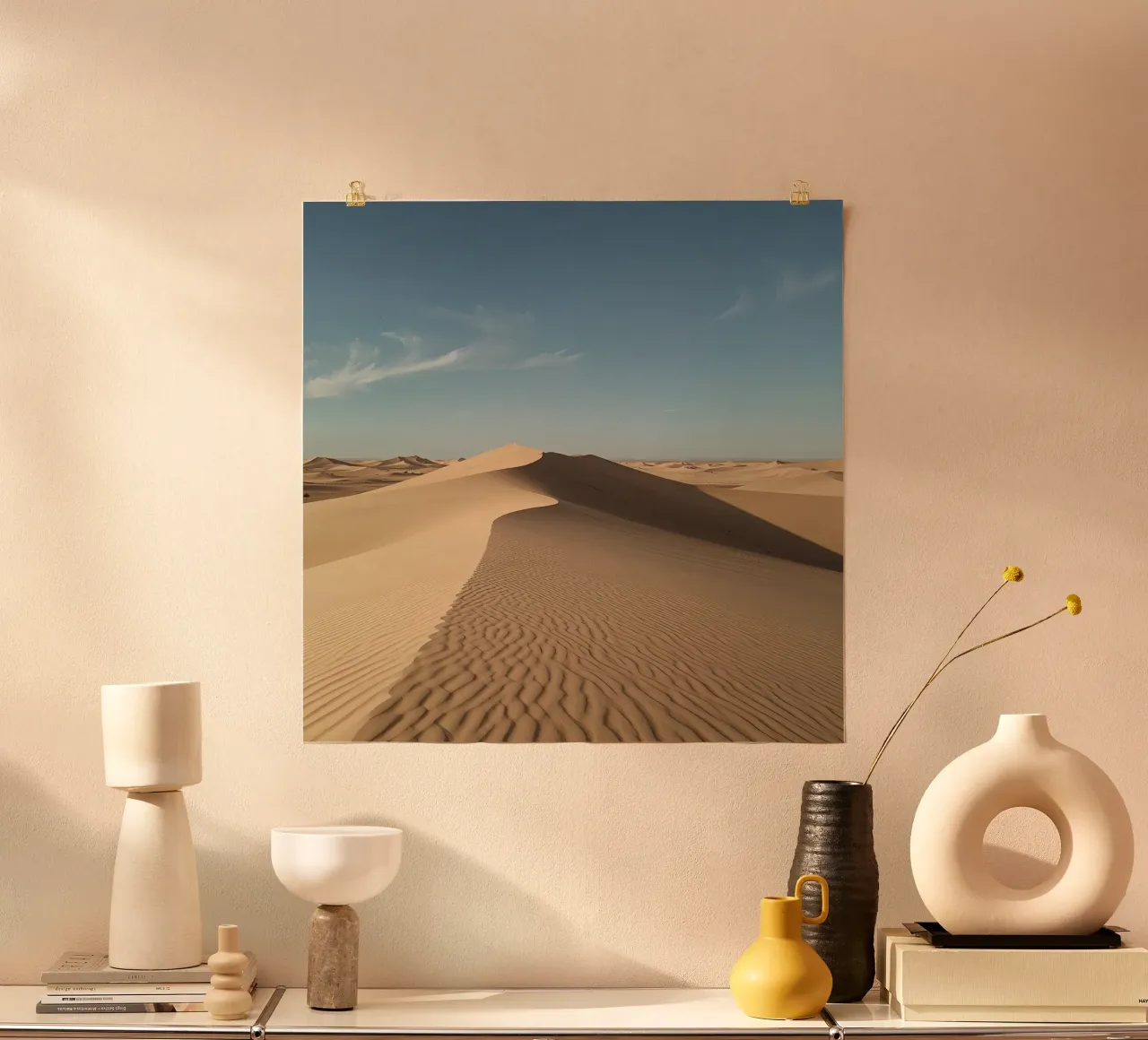 Paesaggio desertico con dune di sabbia e cielo blu poster con telaio in legno da DesignDoodle