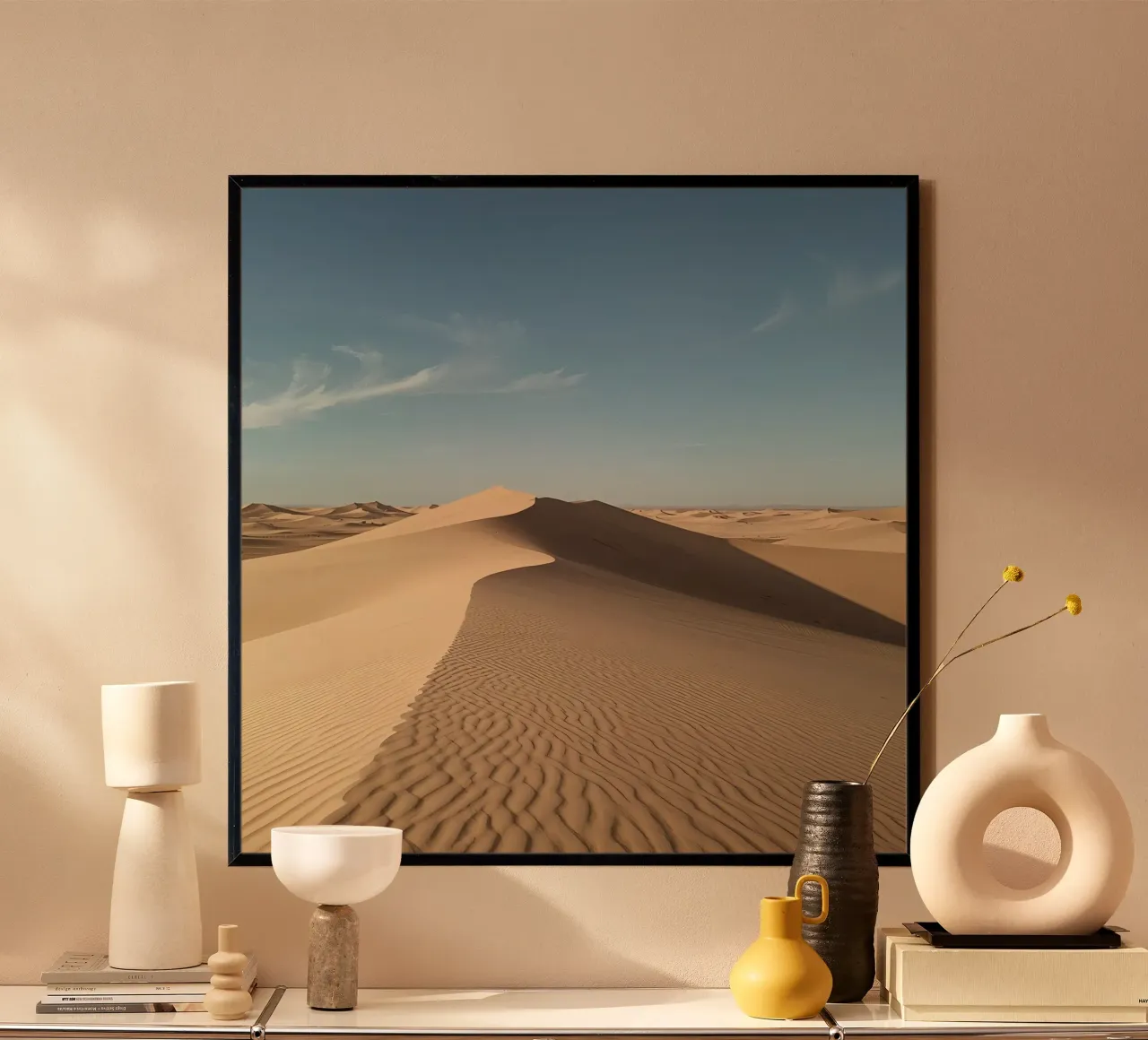 Paesaggio desertico con dune di sabbia e cielo blu poster con telaio in legno da DesignDoodle