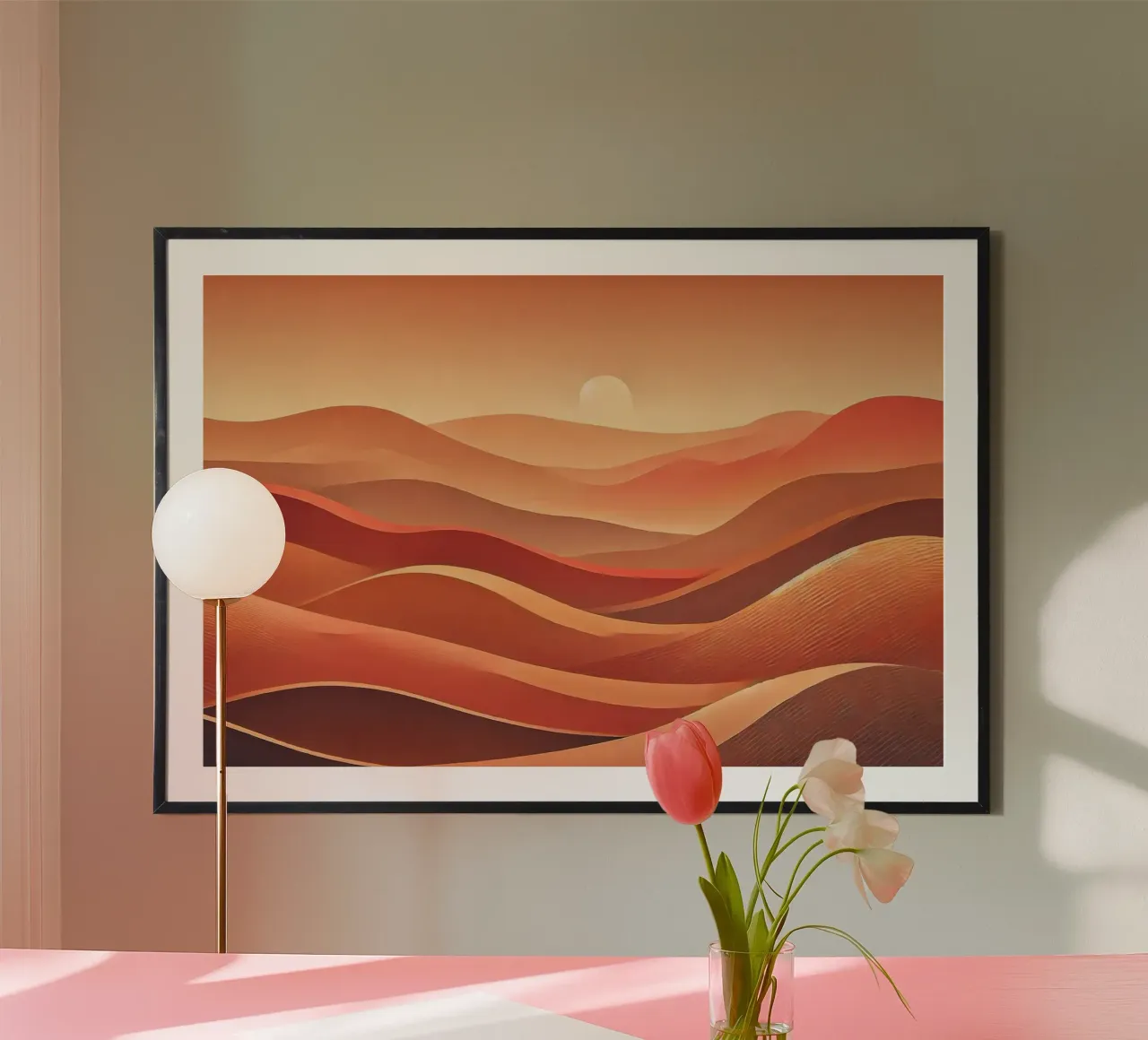 Dune di sabbia illuminate dal sole poster con telaio in legno da Chromatic Fusion Studio