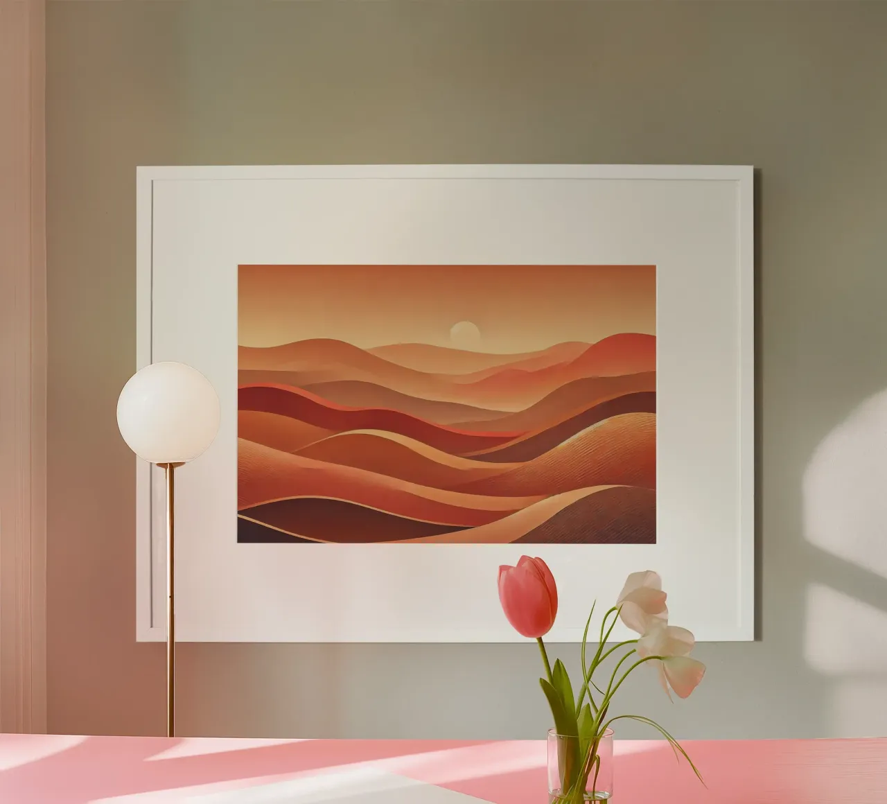 Dune di sabbia illuminate dal sole poster con telaio in legno da Chromatic Fusion Studio