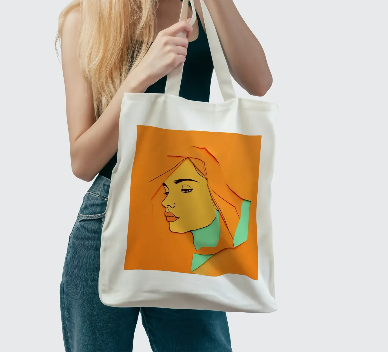 Opera d'arte in carta tagliata di profilo di donna con arancione e verde borsa in juta da DesignDoodle