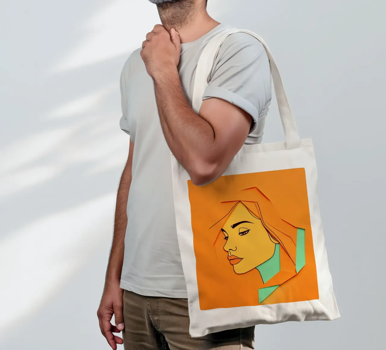 Opera d'arte in carta tagliata di profilo di donna con arancione e verde borsa in juta da DesignDoodle