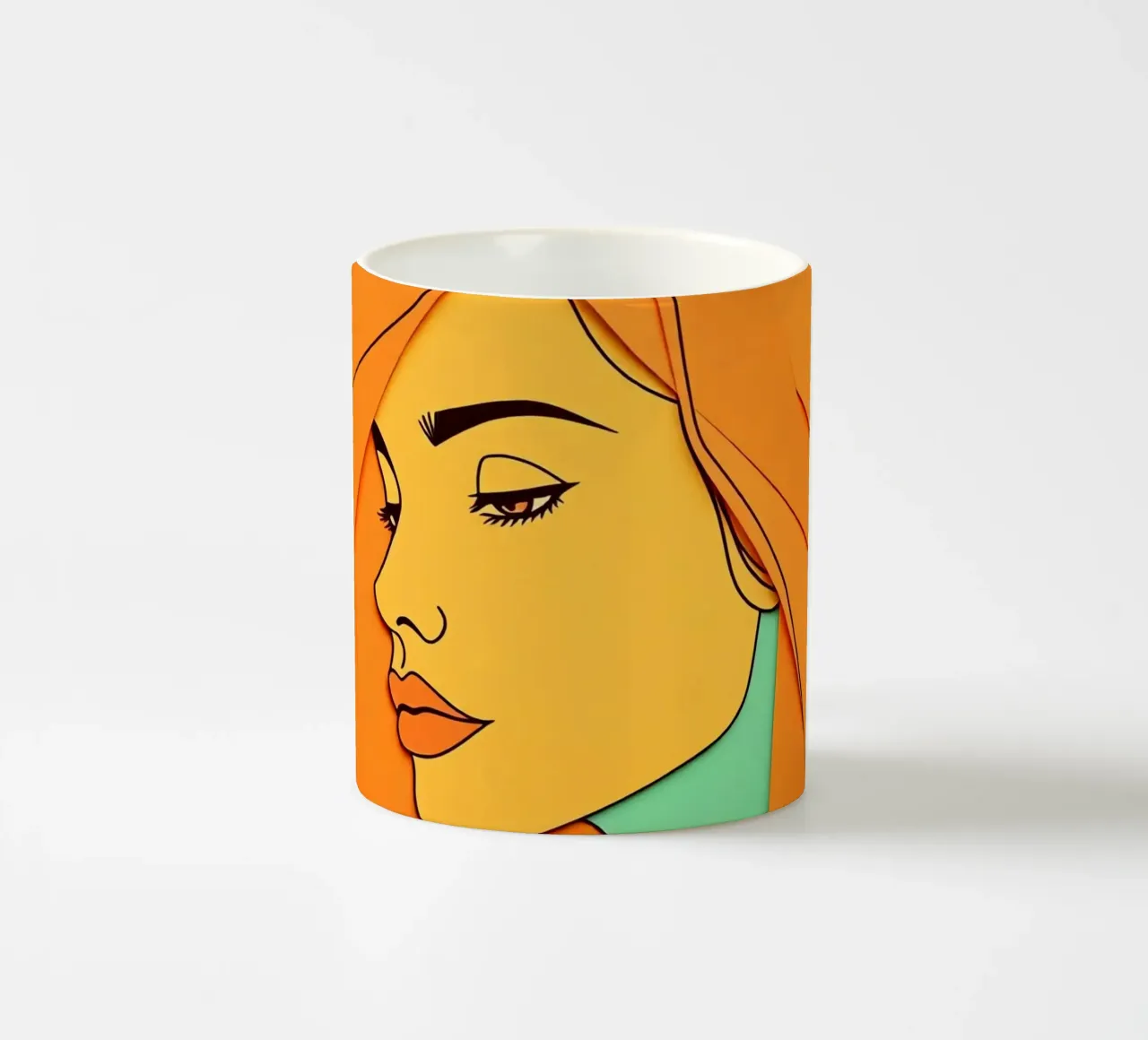 Opera d'arte in carta tagliata di profilo di donna con arancione e verde tazza in ceramica da DesignDoodle