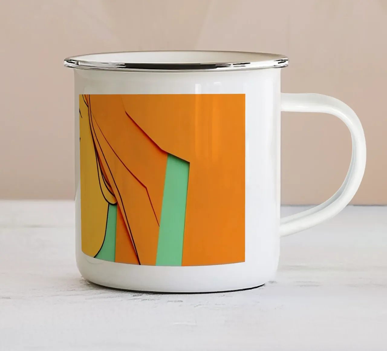Opera d'arte in carta tagliata di profilo di donna con arancione e verde tazza in smalto da DesignDoodle