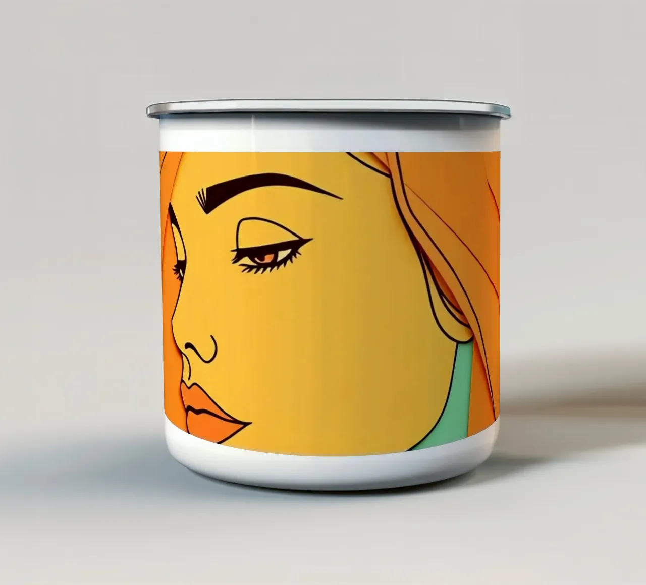 Opera d'arte in carta tagliata di profilo di donna con arancione e verde tazza in smalto da DesignDoodle