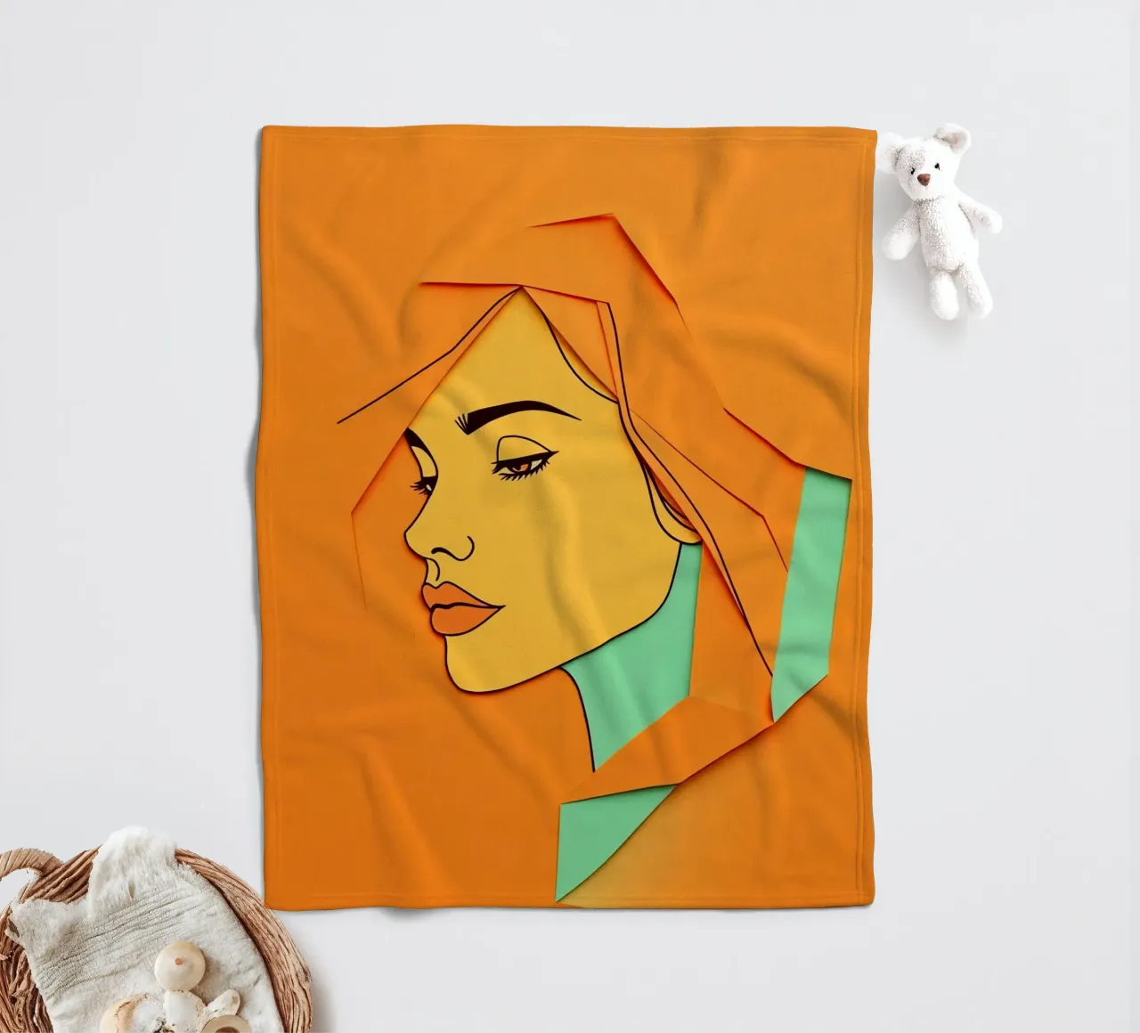 Opera d'arte in carta tagliata di profilo di donna con arancione e verde coperta in pile da DesignDoodle