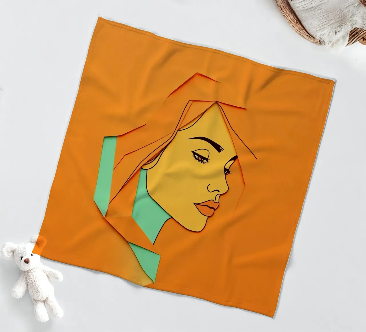 Opera d'arte in carta tagliata di profilo di donna con arancione e verde coperta in pile da DesignDoodle