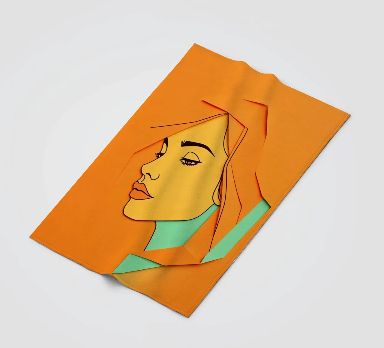Opera d'arte in carta tagliata di profilo di donna con arancione e verde coperta in pile da DesignDoodle