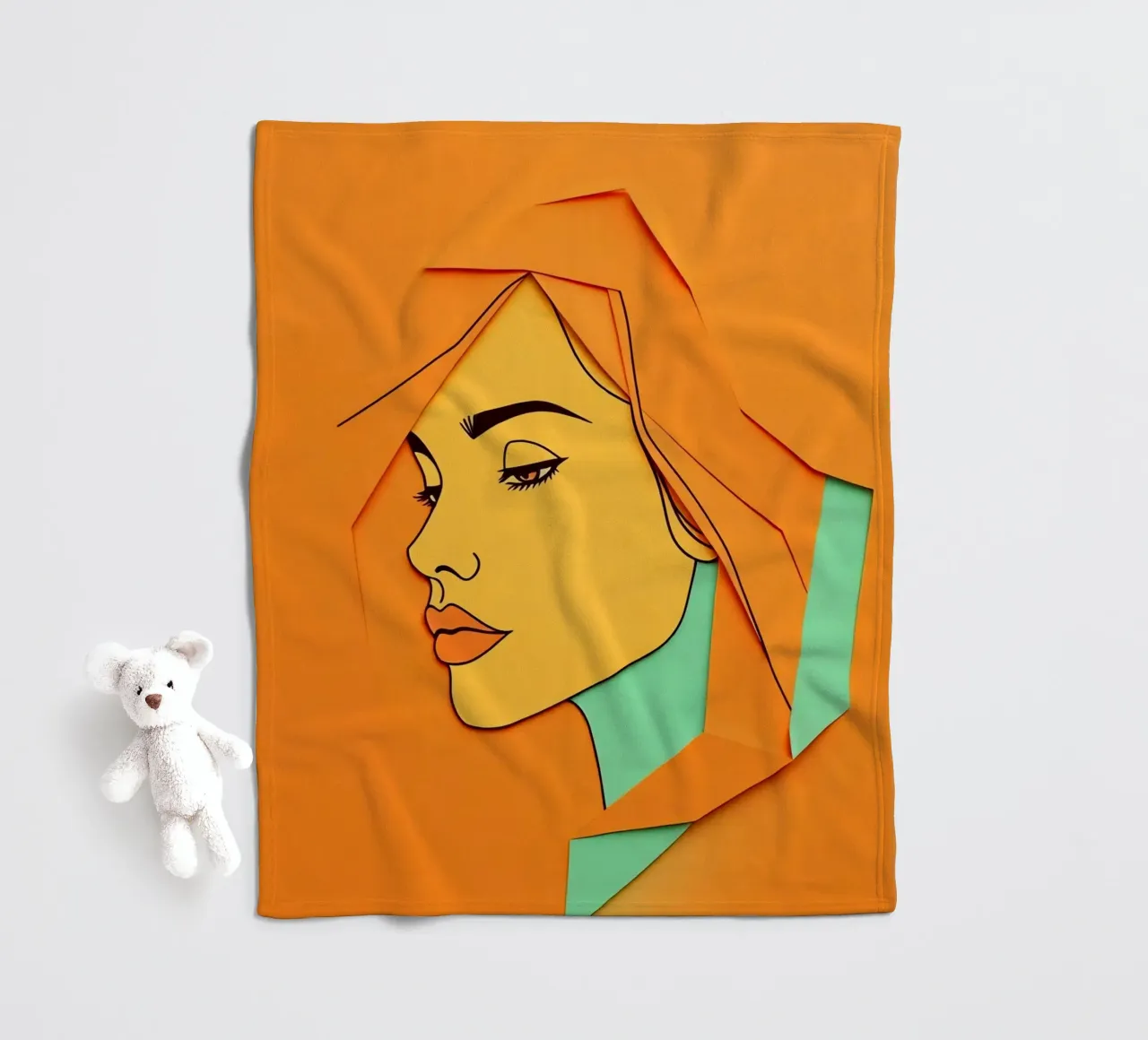 Opera d'arte in carta tagliata di profilo di donna con arancione e verde coperta in pile da DesignDoodle
