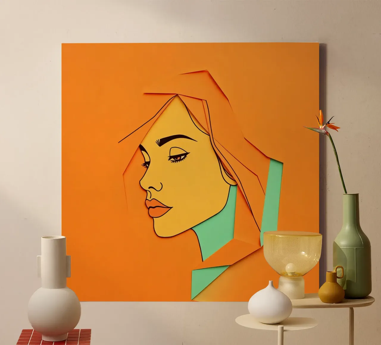 Opera d'arte in carta tagliata di profilo di donna con arancione e verde tela con Cornice a cassetta da DesignDoodle