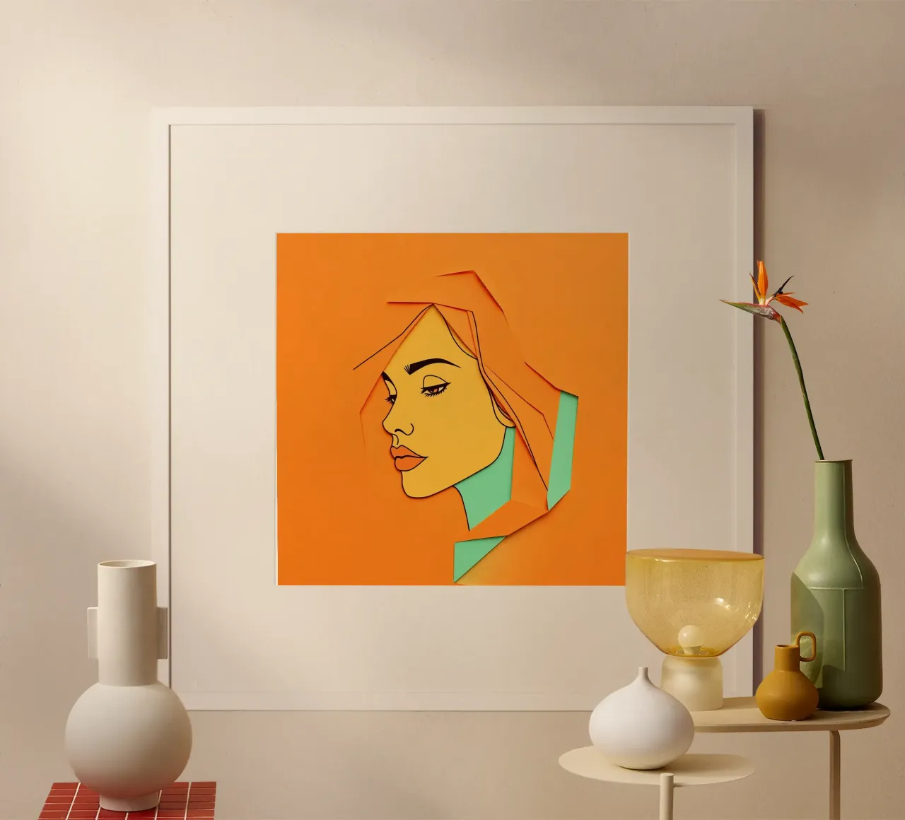 Opera d'arte in carta tagliata di profilo di donna con arancione e verde poster con telaio in legno da DesignDoodle