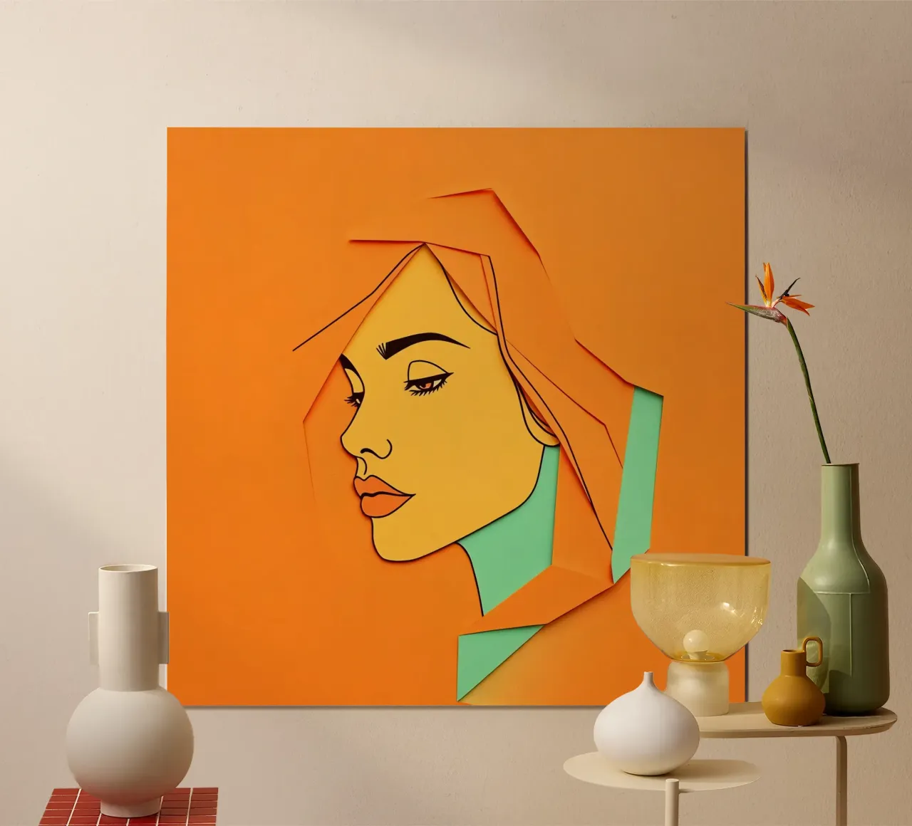 Opera d'arte in carta tagliata di profilo di donna con arancione e verde poster con telaio in legno da DesignDoodle