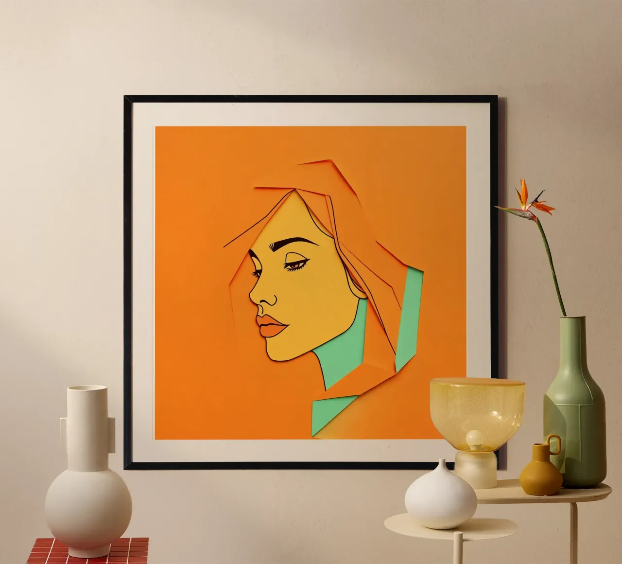 Opera d'arte in carta tagliata di profilo di donna con arancione e verde poster con telaio in legno da DesignDoodle