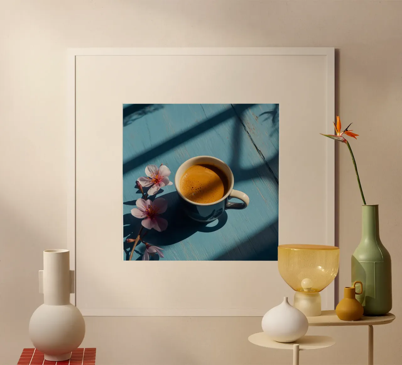 Tazza da caffè con fiori di ciliegio su tavolo di legno blu poster con telaio in plastica da DesignDoodle