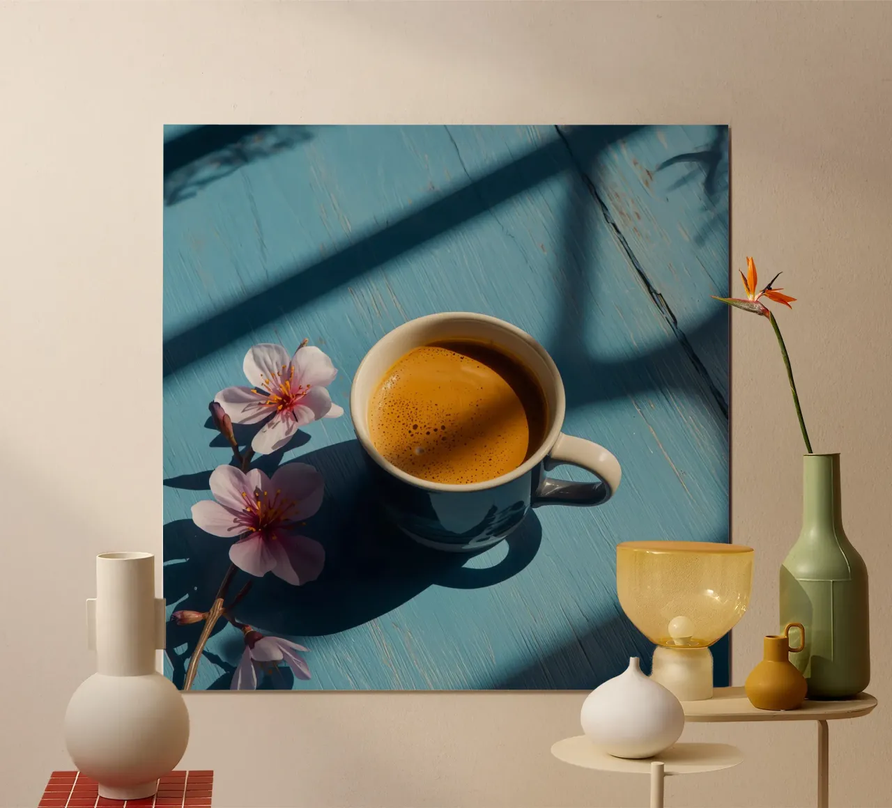 Tazza da caffè con fiori di ciliegio su tavolo di legno blu poster con telaio in plastica da DesignDoodle