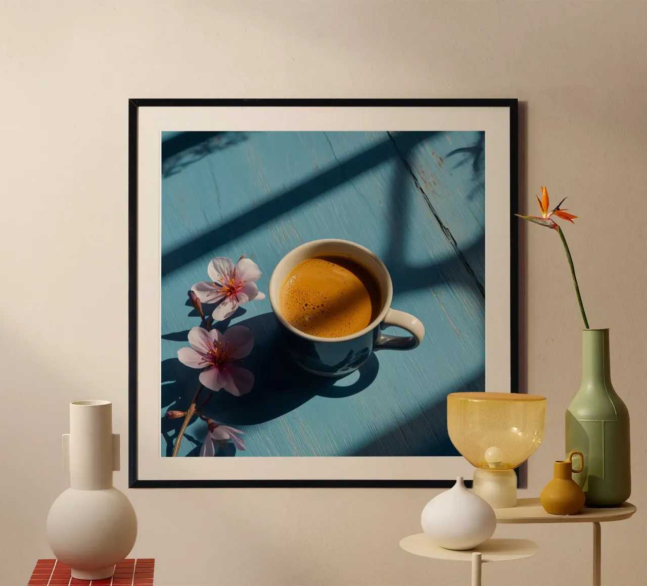 Tazza da caffè con fiori di ciliegio su tavolo di legno blu poster con telaio in plastica da DesignDoodle