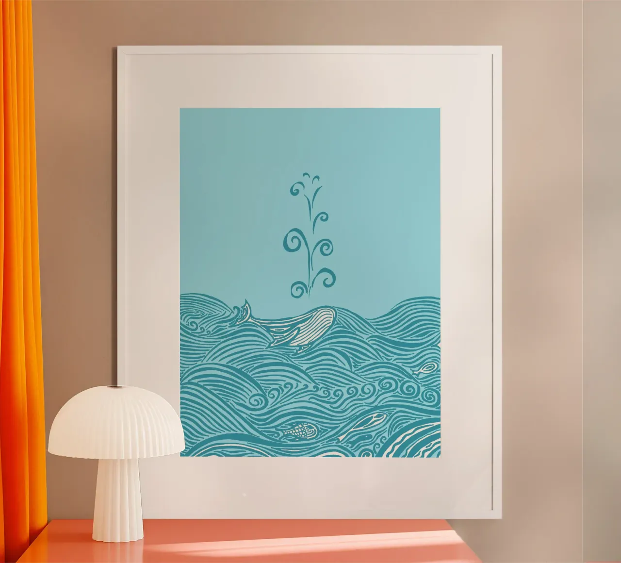 Balena nel mare - turchese poster con telaio in legno da PaperLine Art