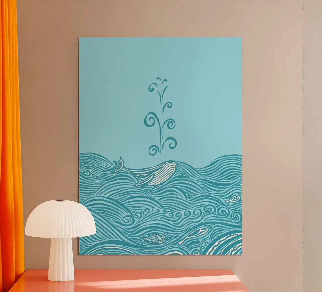 Balena nel mare - turchese poster con telaio in legno da PaperLine Art
