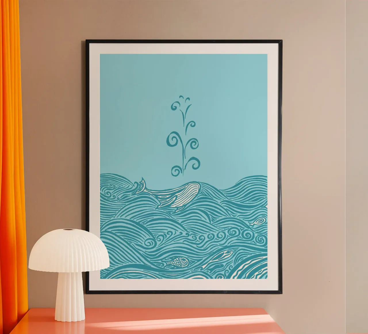 Balena nel mare - turchese poster con telaio in legno da PaperLine Art