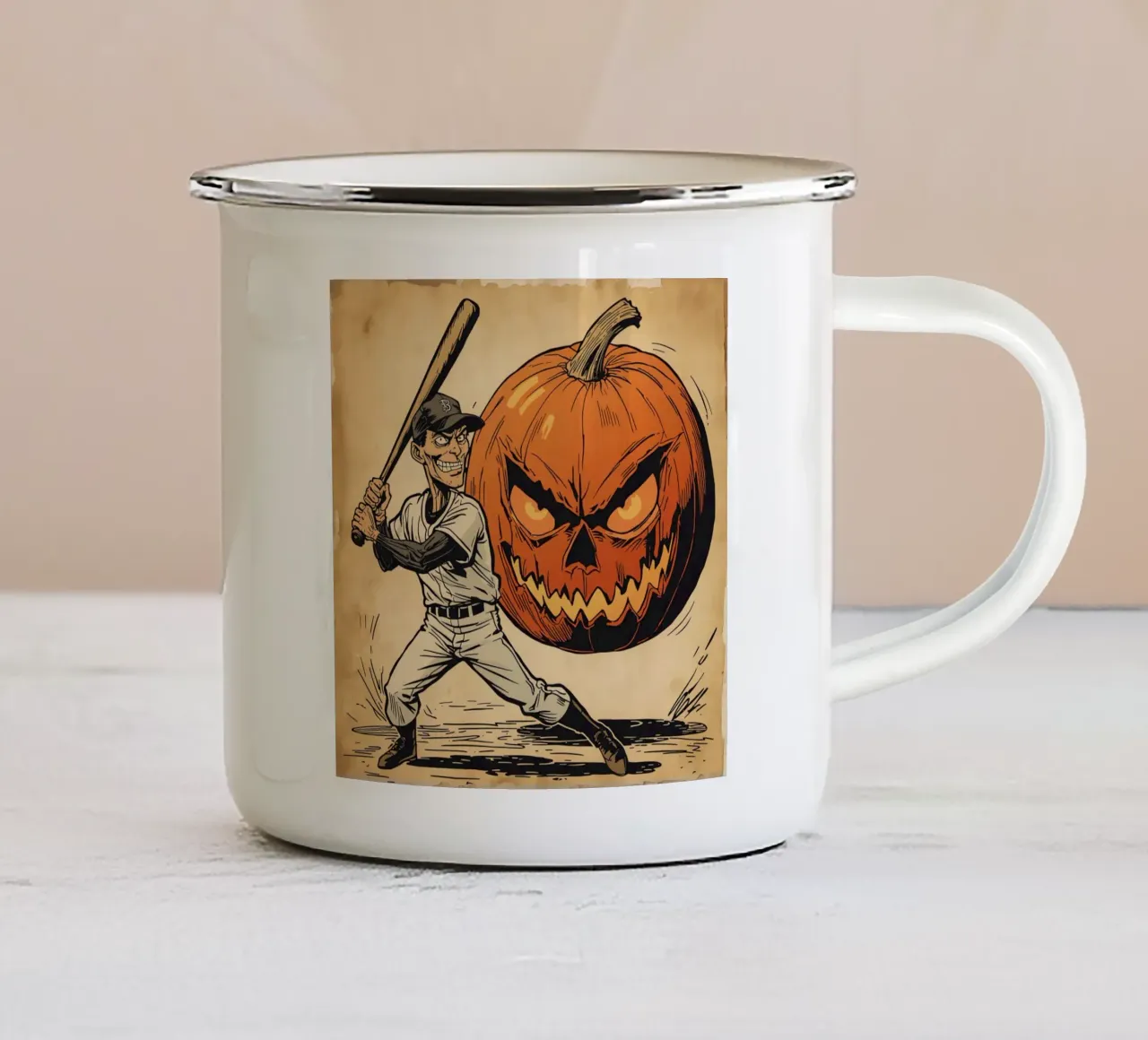 Illustrazione di un giocatore di baseball e di Jack-o'-Lantern tazza in smalto da DesignDoodle