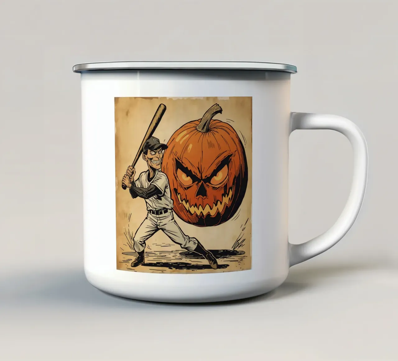 Illustrazione di un giocatore di baseball e di Jack-o'-Lantern tazza in smalto da DesignDoodle