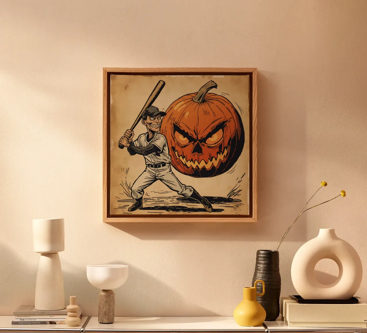 Illustrazione di un giocatore di baseball e di Jack-o'-Lantern tela con Cornice a cassetta da DesignDoodle
