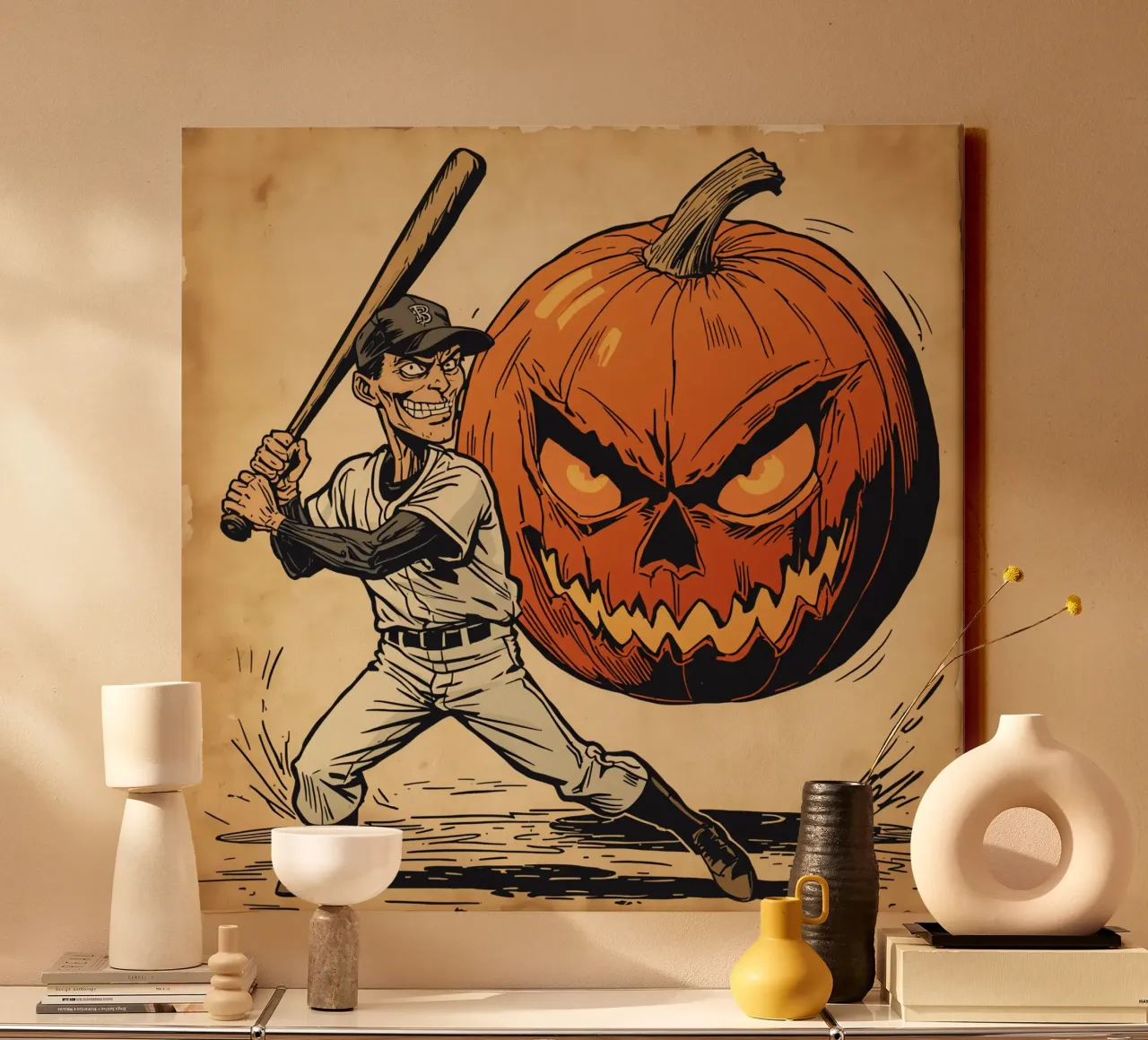 Illustrazione di un giocatore di baseball e di Jack-o'-Lantern tela con Cornice a cassetta da DesignDoodle