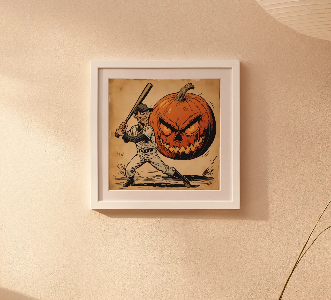 Illustrazione di un giocatore di baseball e di Jack-o'-Lantern poster con telaio in alluminio da DesignDoodle