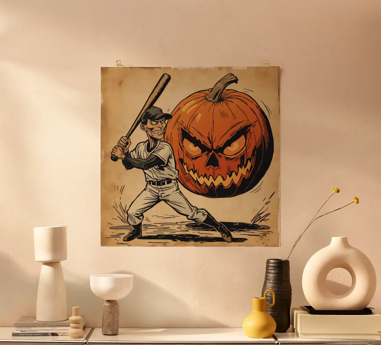 Illustrazione di un giocatore di baseball e di Jack-o'-Lantern poster con telaio in alluminio da DesignDoodle