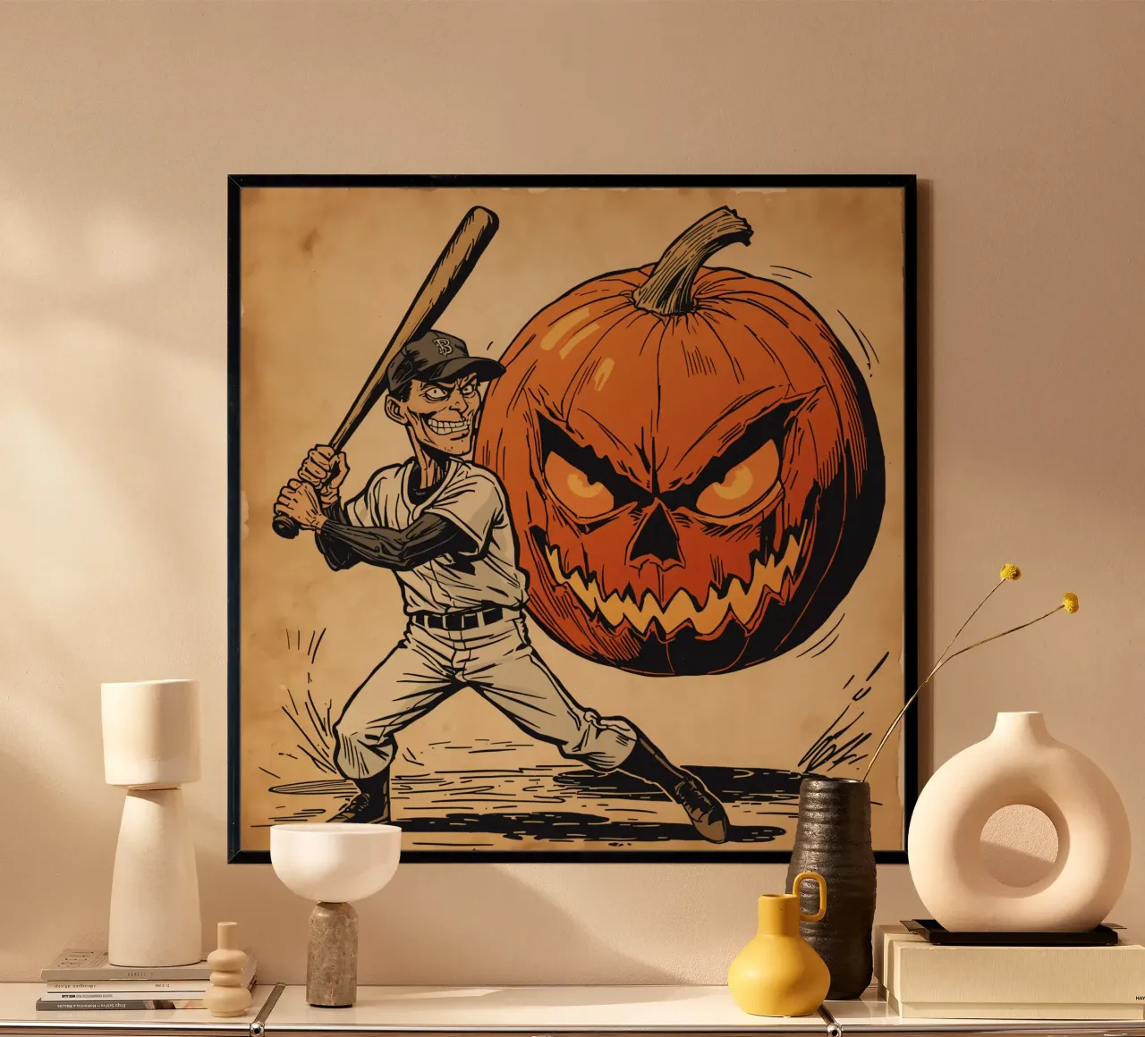 Illustrazione di un giocatore di baseball e di Jack-o'-Lantern poster con telaio in alluminio da DesignDoodle