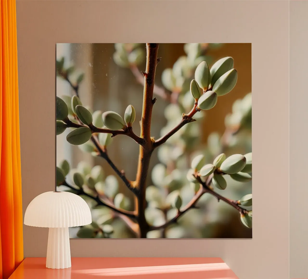 Ramas marrones con brotes verdes Primer plano poster con marco de madera de DesignDoodle