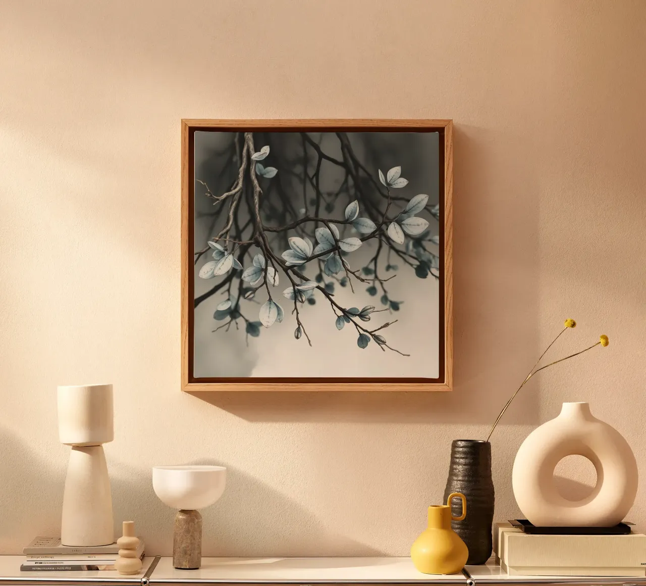 Brown Branches with Green Buds Close-up canvas with Floater frame by DesignDoodle