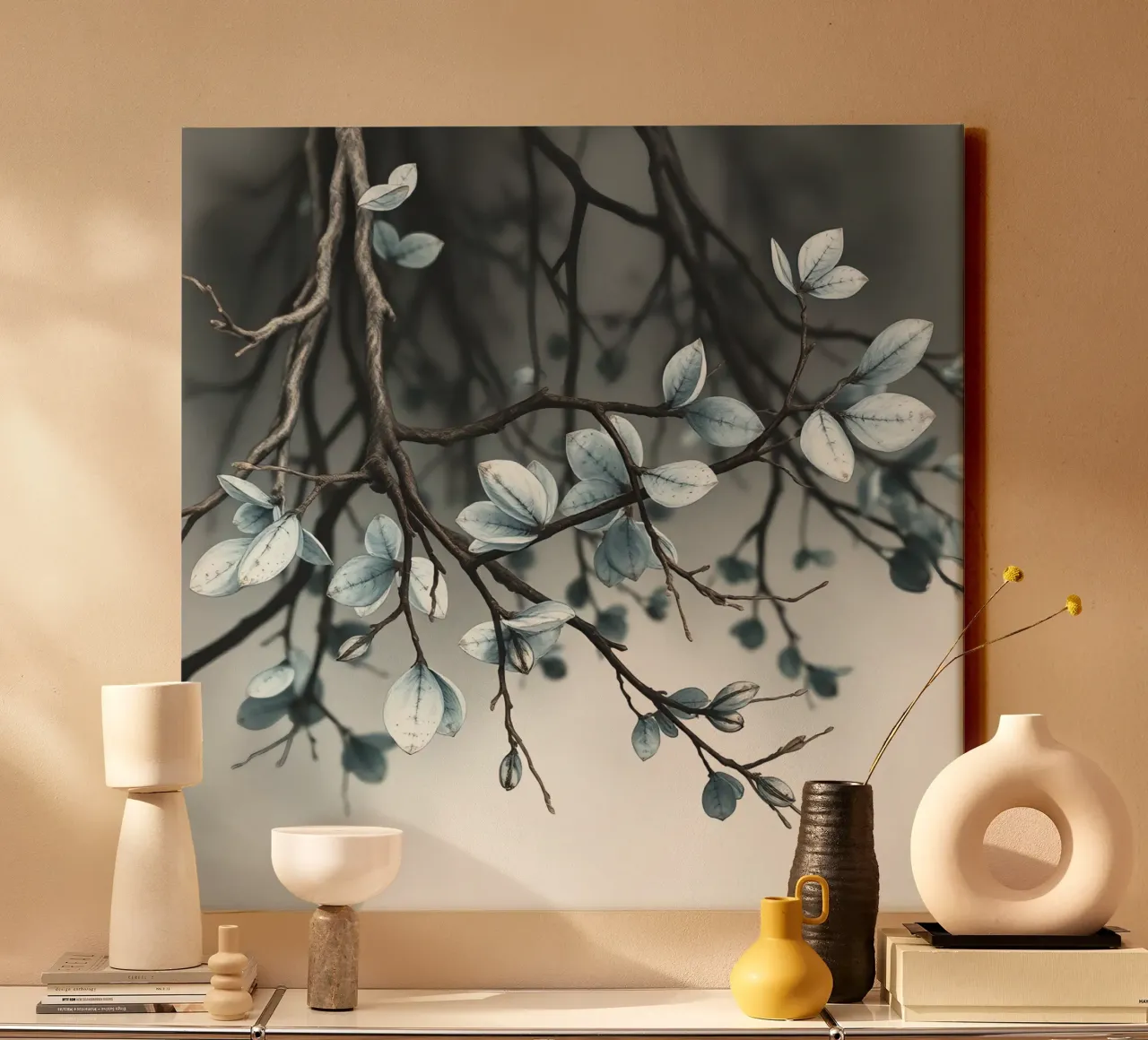Brown Branches with Green Buds Close-up canvas with Floater frame by DesignDoodle