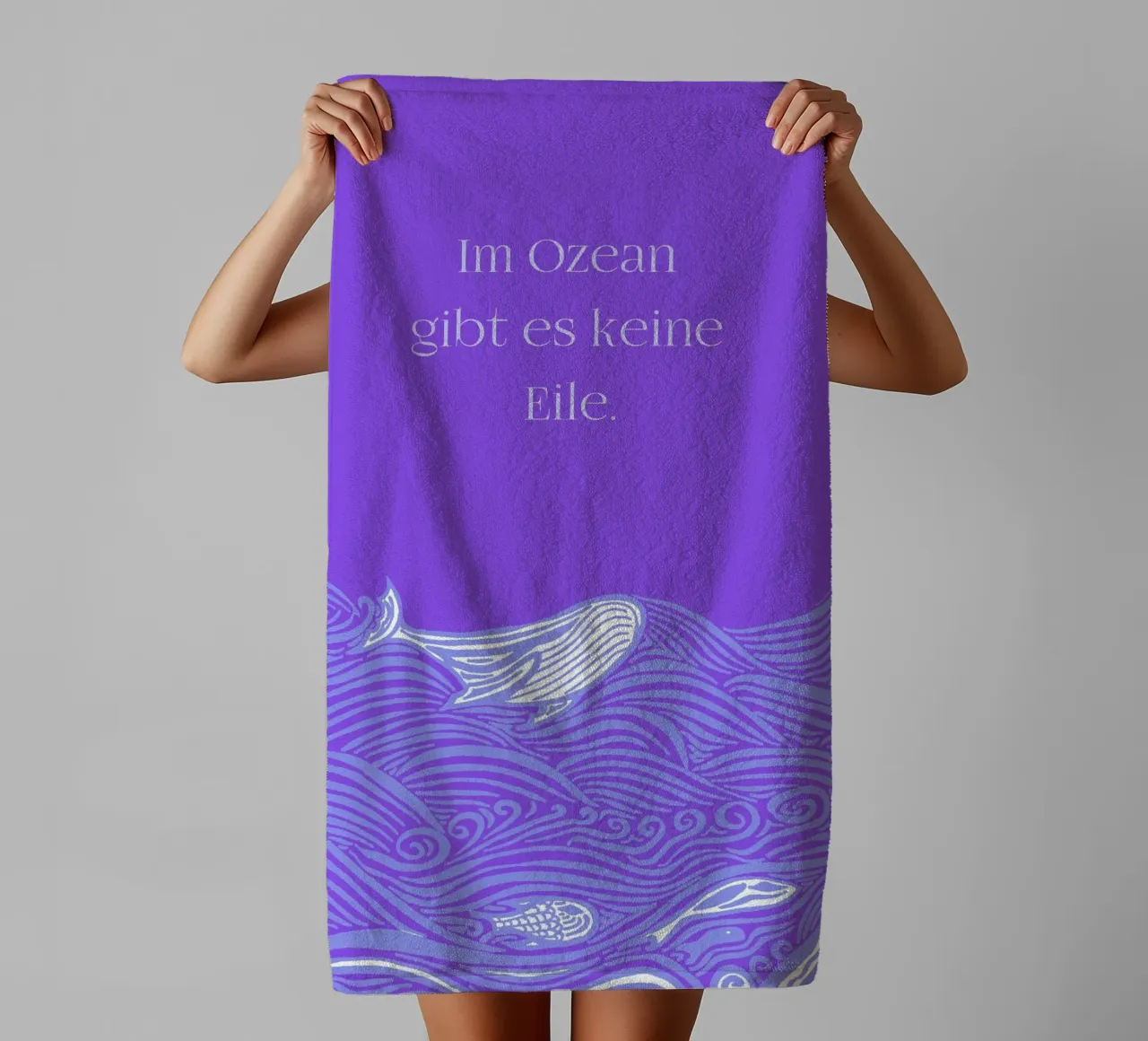There's no hurry in the ocean - Whale in the waves in purple towel by PaperLine Art