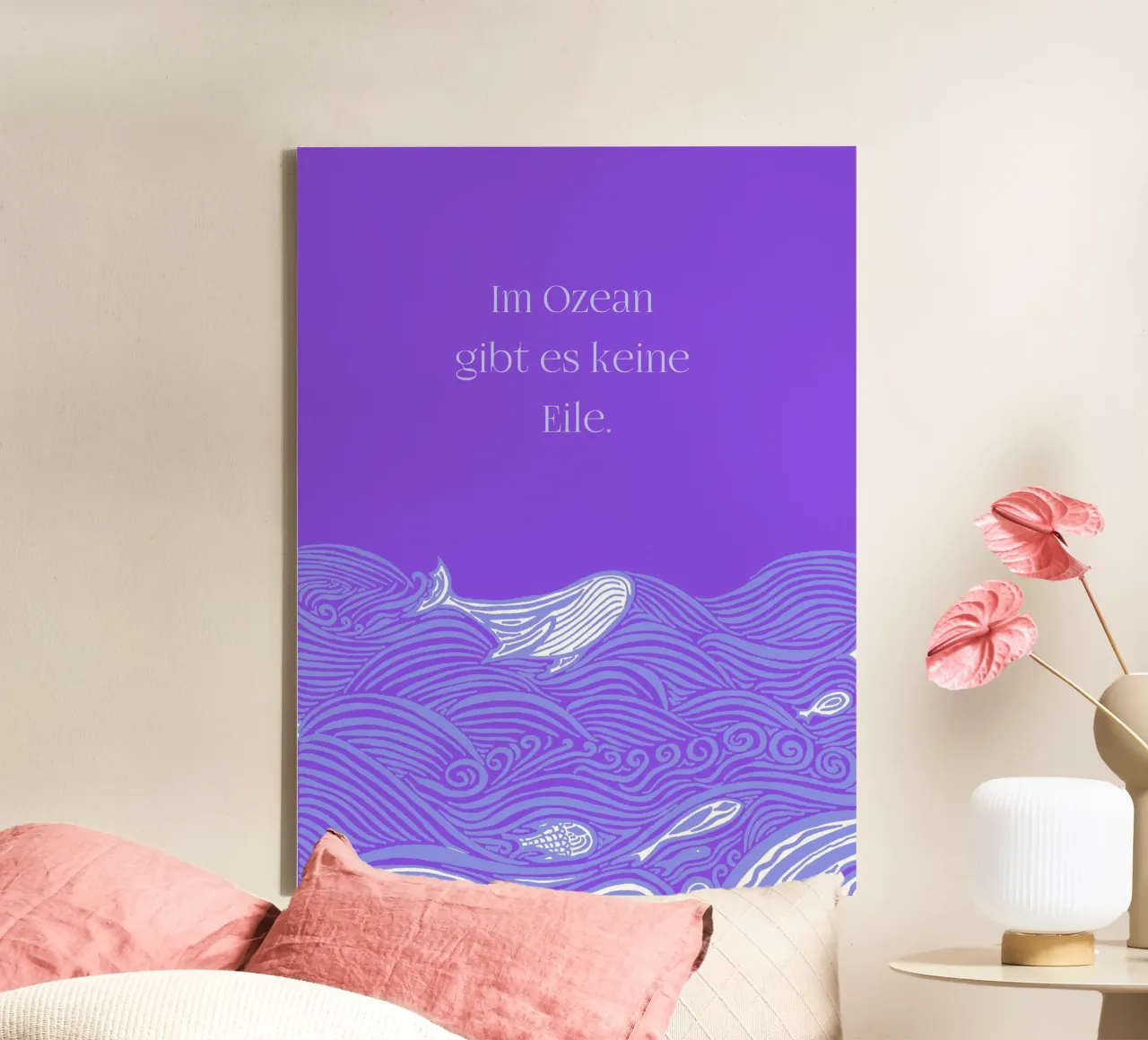 There's no hurry in the ocean - Whale in the waves in purple canvas by PaperLine Art