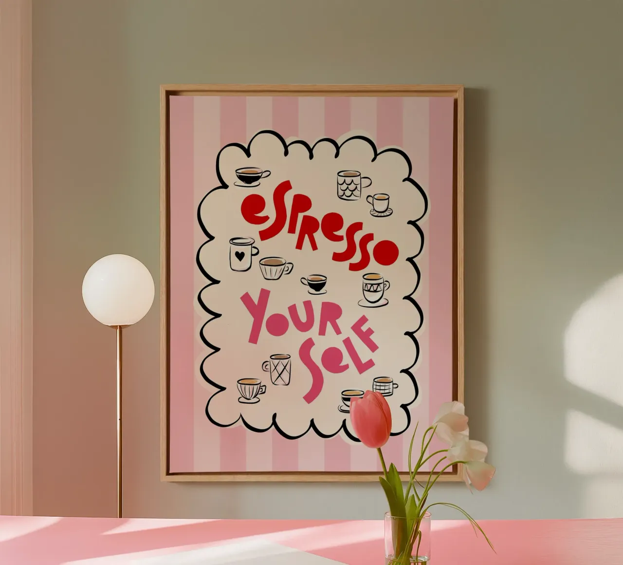 Expresso Yourself • Motivational typographic pun on stripes canvas with Floater frame by Dominique Vari Words