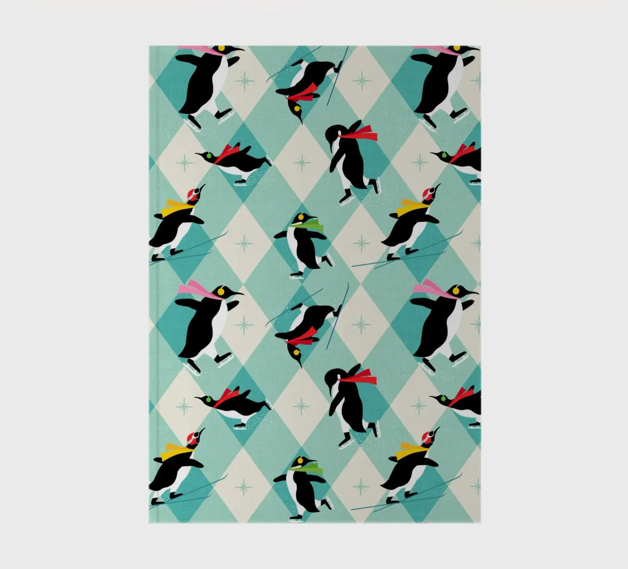 Festive Penguins ice-skating • Retro aqua argyle Pattern notebook by Dominique Vari