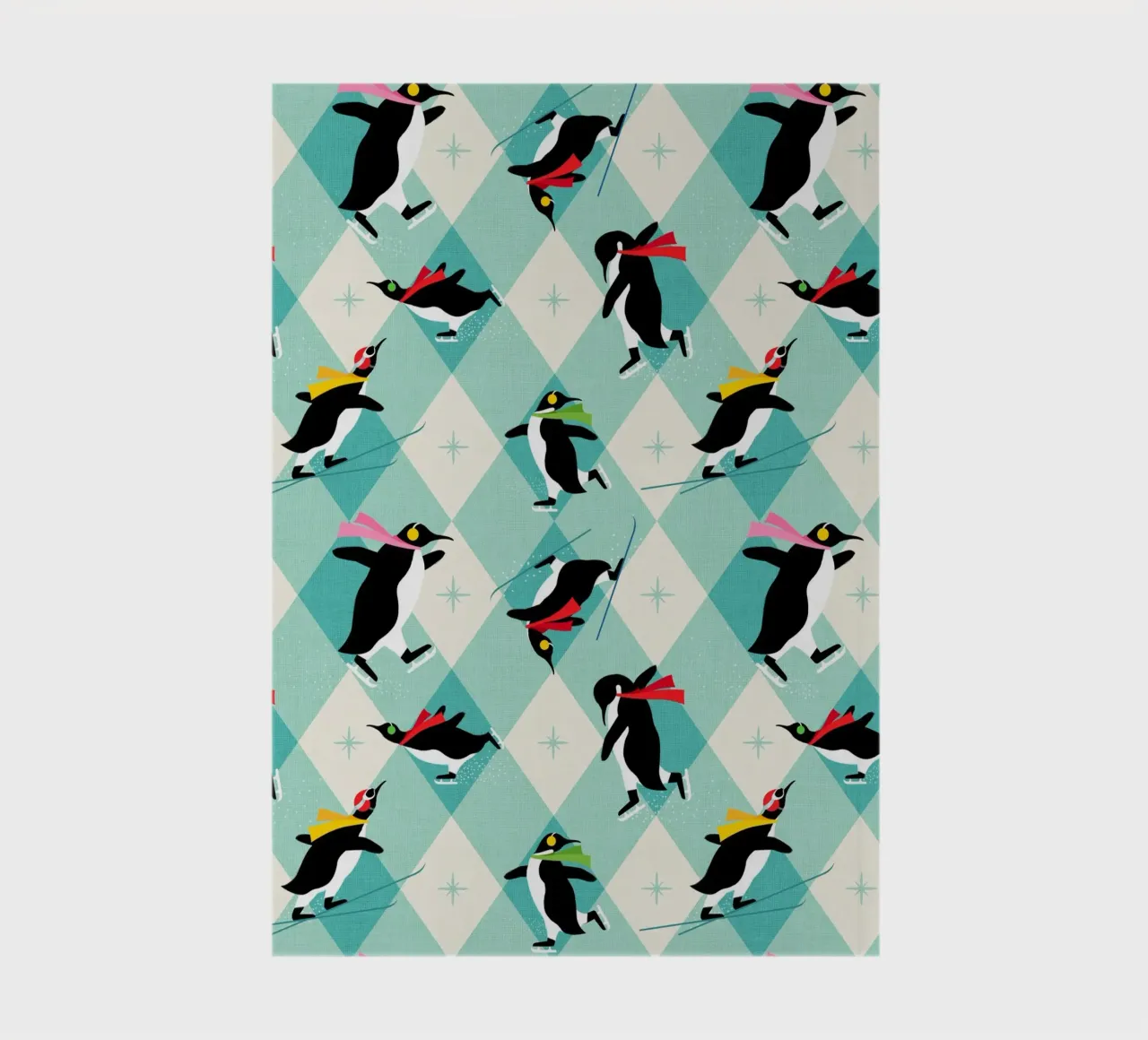 Festive Penguins ice-skating • Retro aqua argyle Pattern notebook by Dominique Vari