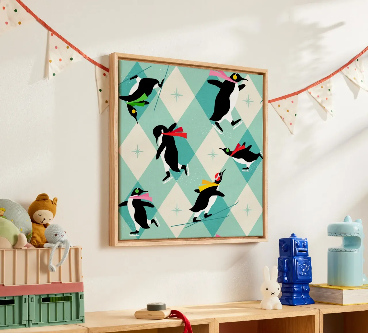 Festive Penguins ice-skating • Retro aqua argyle Pattern canvas by Dominique Vari