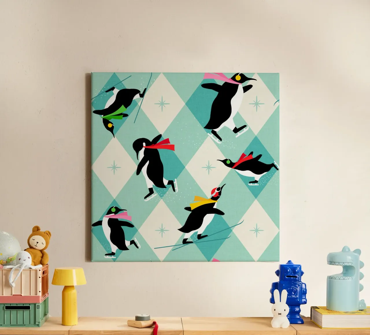 Festive Penguins ice-skating • Retro aqua argyle Pattern canvas by Dominique Vari